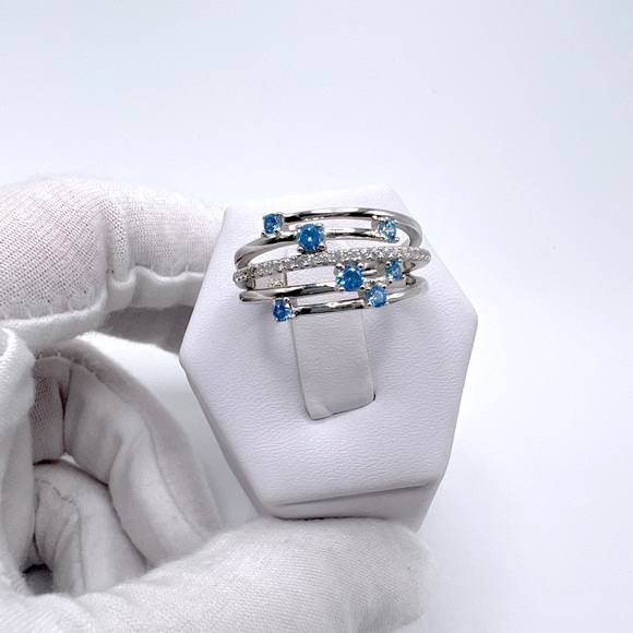 Sterling Silver Blue Topaz Cz & Clear Cz Ring - Picture 8 of 17